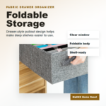 Washable fabric drawer organizer box pulled from a closet shelf