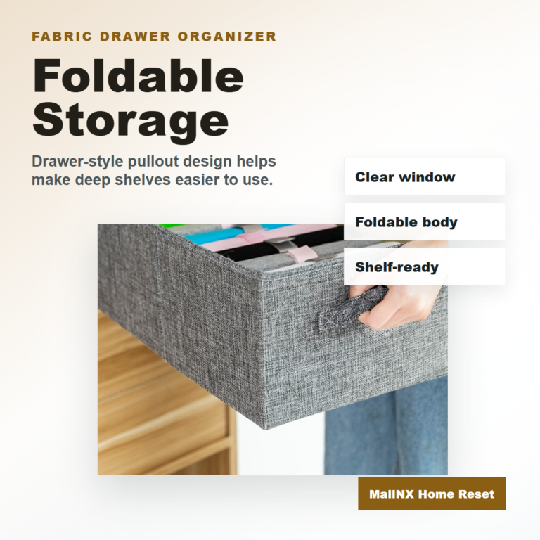 Washable fabric drawer organizer box pulled from a closet shelf