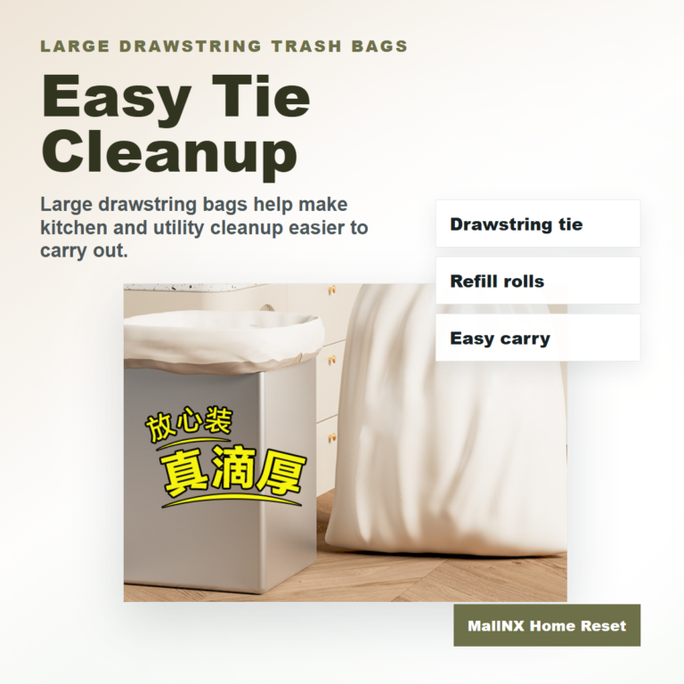 Large drawstring trash bags for kitchen and utility cleanup