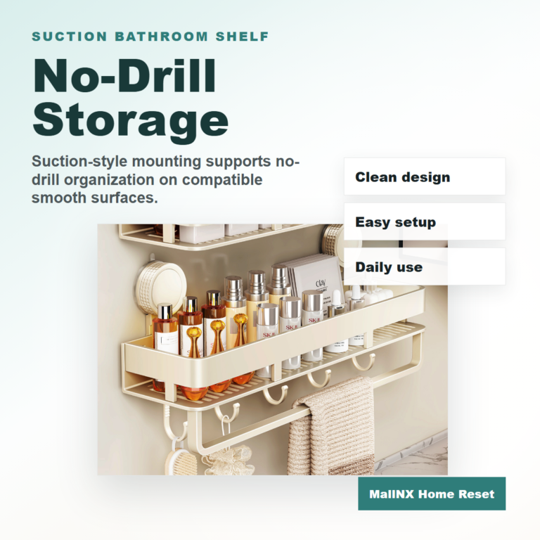 No-drill suction bathroom shelf with hooks in a shower