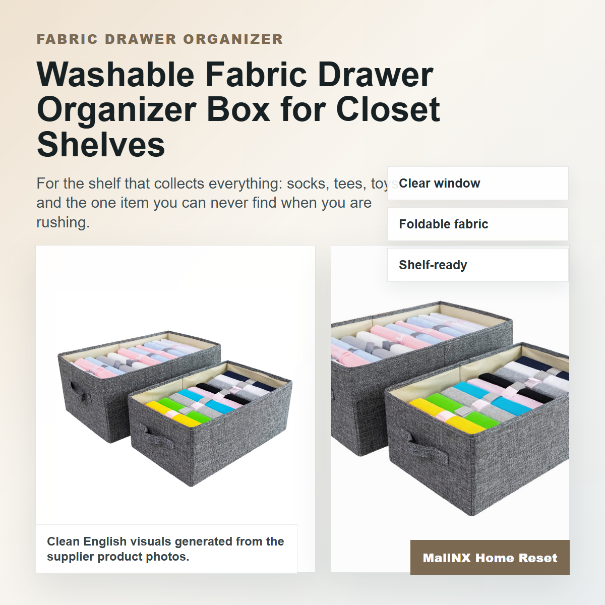 Washable fabric drawer organizer box pulled from a closet shelf