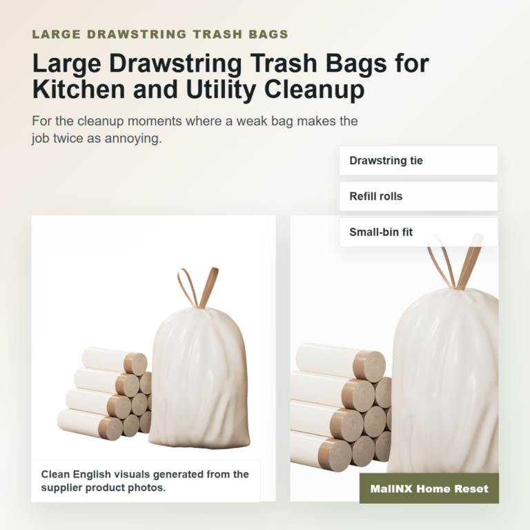 Large drawstring trash bags for kitchen and utility cleanup
