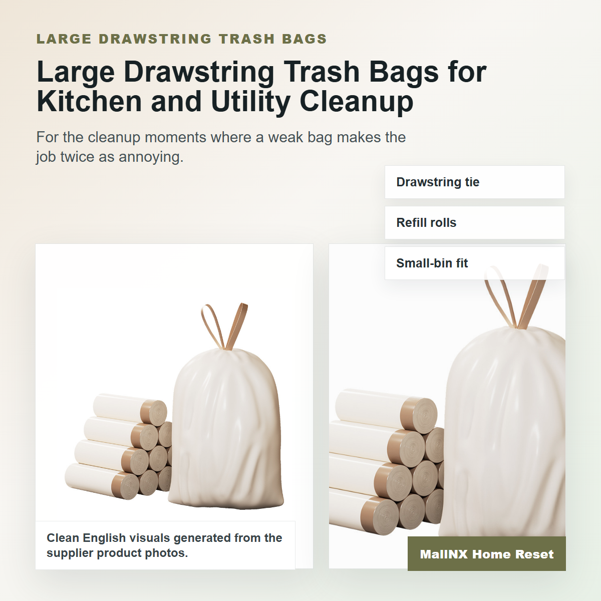 Large drawstring trash bags for kitchen and utility cleanup