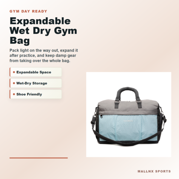 Expandable wet dry gym bag for shoes and workout clothes
