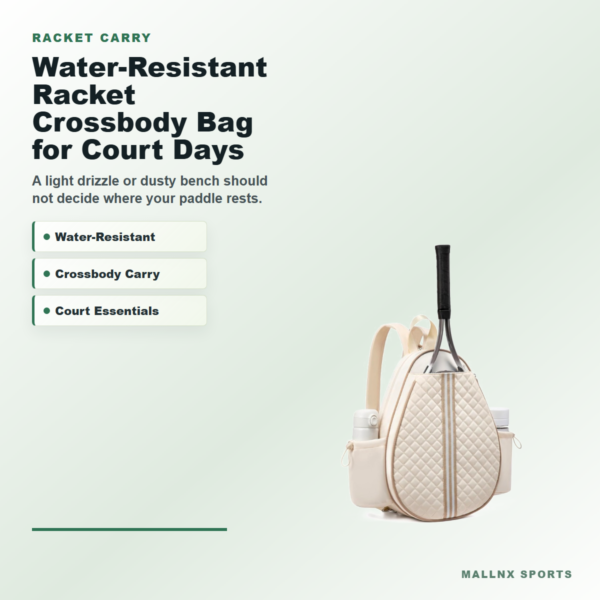Water-resistant racket crossbody bag for court essentials