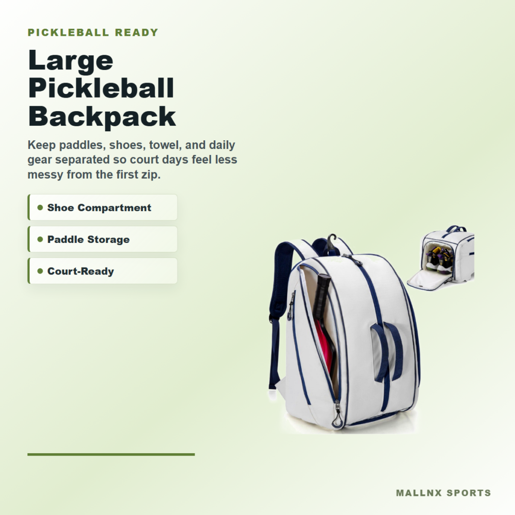 Pickleball backpack with shoe compartment and paddle storage