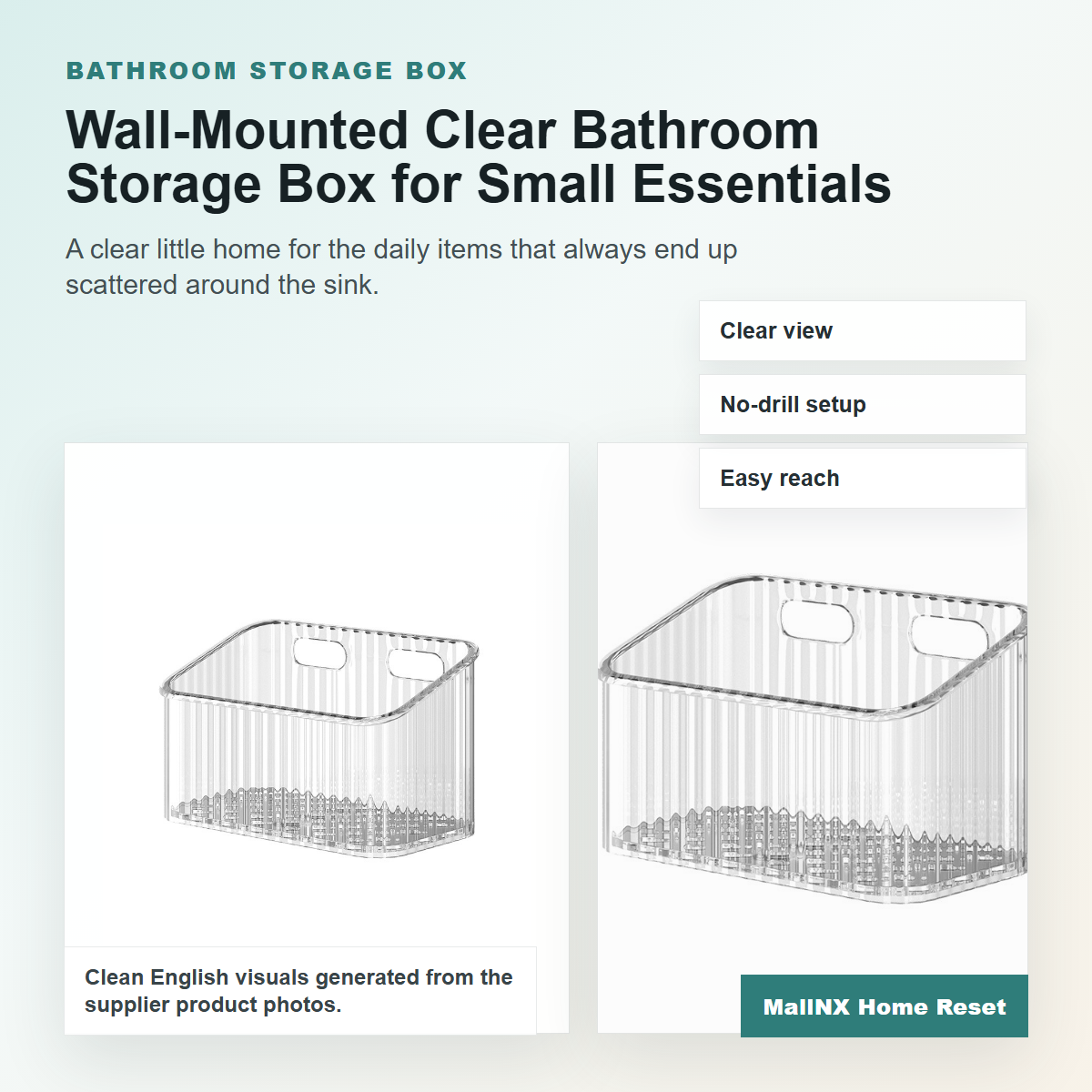 Wall-mounted clear bathroom storage box near a sink