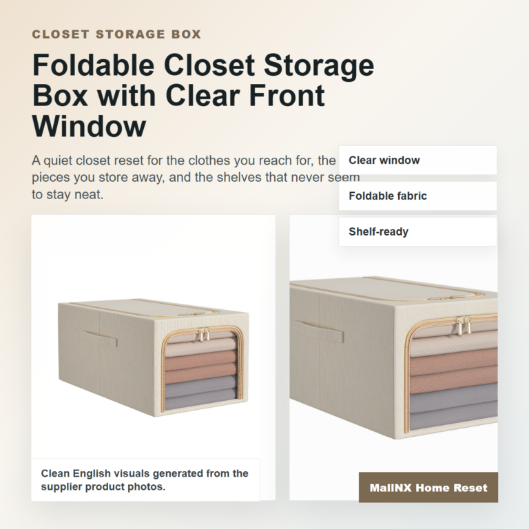 Foldable closet storage box with clear front window on a closet shelf