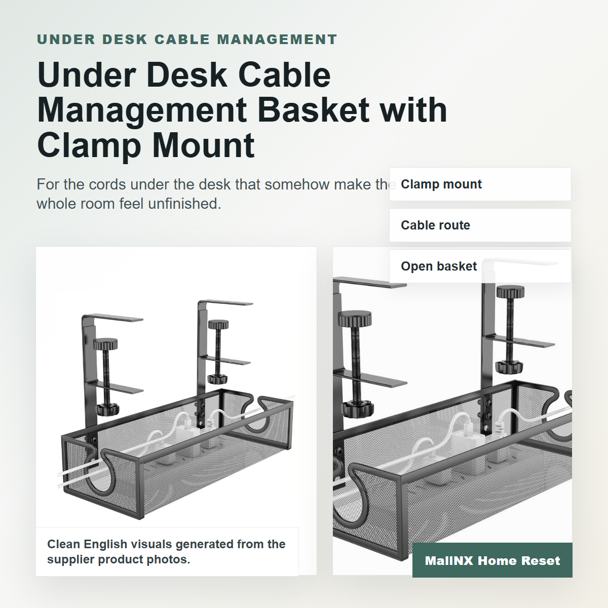 Under desk cable management basket holding a power strip