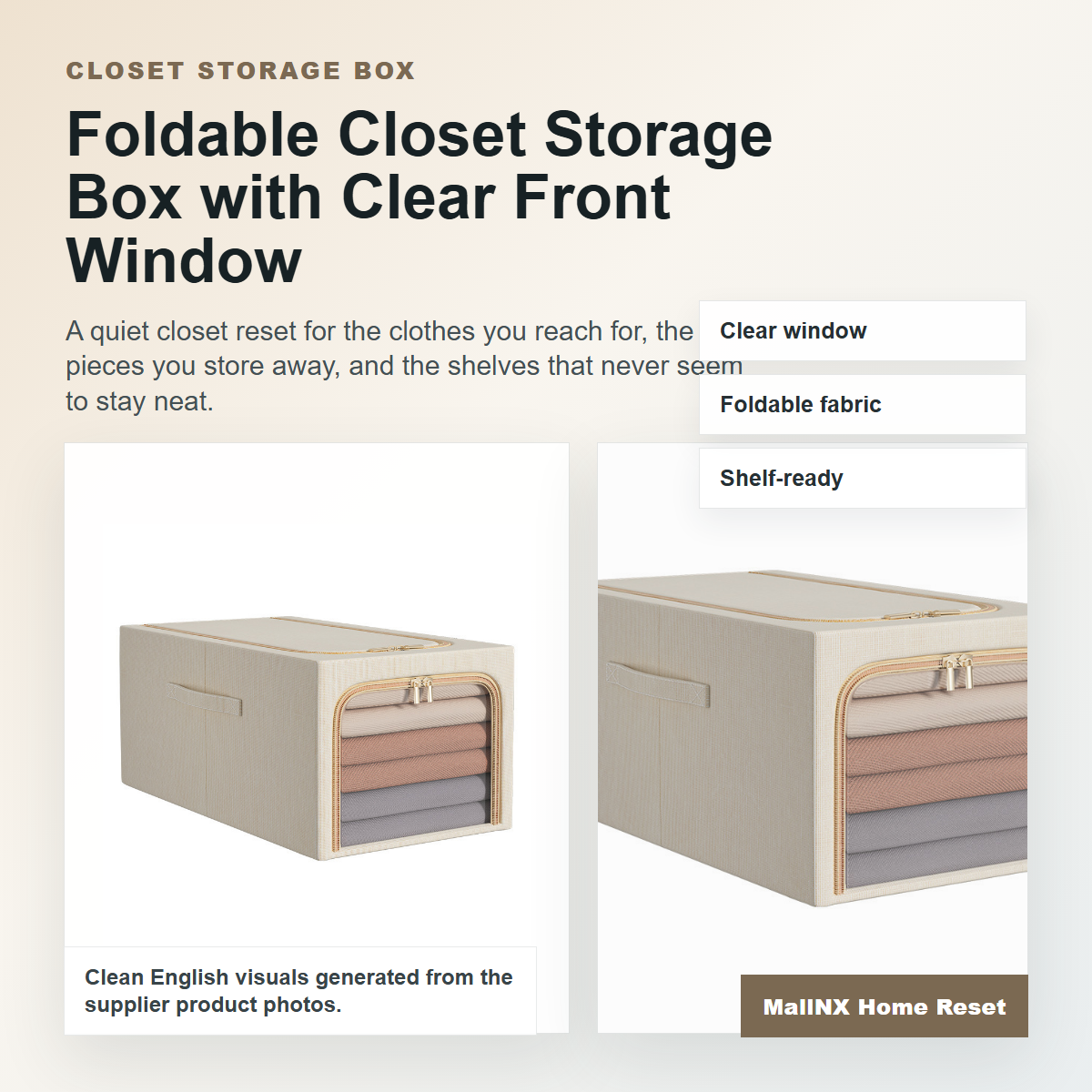 Foldable closet storage box with clear front window on a closet shelf