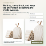 White drawstring trash bag tied beside refill rolls