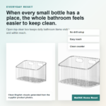 No-drill bathroom organizer holding toothbrushes and skincare